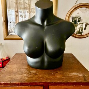 Op de afbeelding: Een matzwarte etalagepop-torso met een gladde, gevormde borst- en nekpartij. Deze sculpturale vorm is ontworpen voor het tentoonstellen van sieraden, kettingen of sjaals en biedt een neutrale en solide basis voor diverse accessoires.