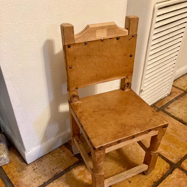 Vintage Childs Chair, Spanish FolkArt "Frailero" or Friar Leather Back and Seat Wooden Chair, Charming Handcrafted Childs wooden Chair