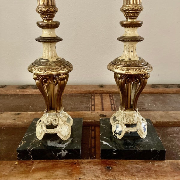 Antique Candlestick Lamp-bases, 2 Marble and Iron Candlestick Table Lamp, 2 Antique Iron and Marble Candlesticks, 2 French Candlestick Lamps