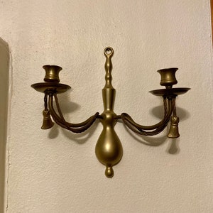 Vintage Brass 2 Candle Candelabra Wall Sconce,  Vintage Hollywood Regency Wall Sconce, 2 Arm Tassel Candelabra