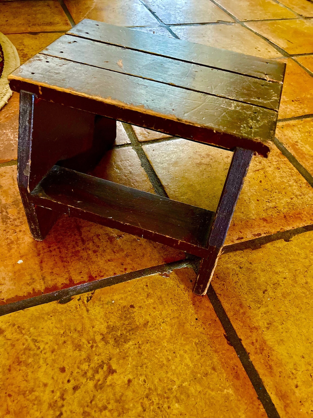 Vintage Wooden Stool, Folkart Hand Crafted Stool, Wooden Plant Stand
