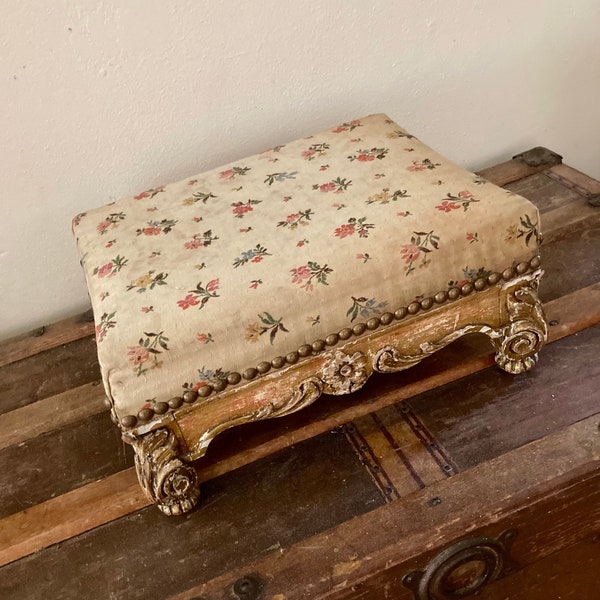 Vintage Footstool, Upholstered Footstool, Footstool with carved Gilded frame, Vintage Ottoman, Baroque footstool with floral carved frame