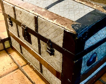 Antique Roll Top Steamer Trunk: Victorian Embossed Metal Travel Trunk