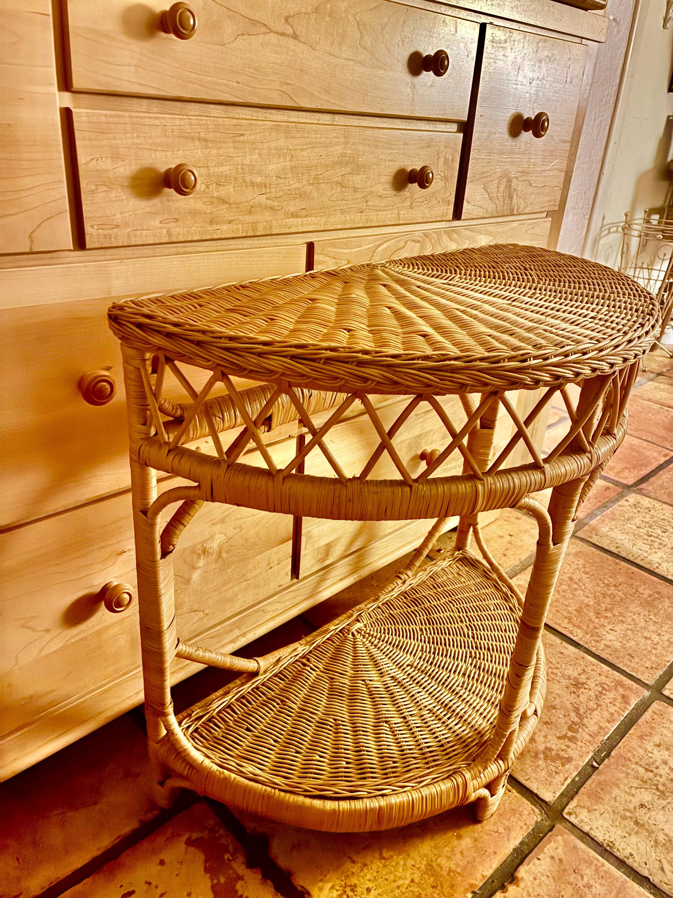 Vintage Rattan Demilune Table – Half Moon Wicker Side Table, Boho 