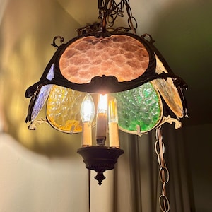 Vintage Stained Glass Chandelier: Art Deco Arts & Crafts Hanging Light