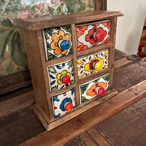 Vintage Mango Wood Cabinet with 6 Hand-Painted Ceramic Drawers – Made in India Spice or Jewelry Box
