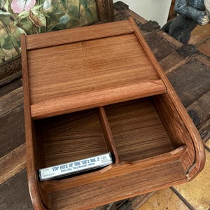 Vintage Teak Tambour Box – Mid Century Roll Top Cassette Holder – Teak Storage Case