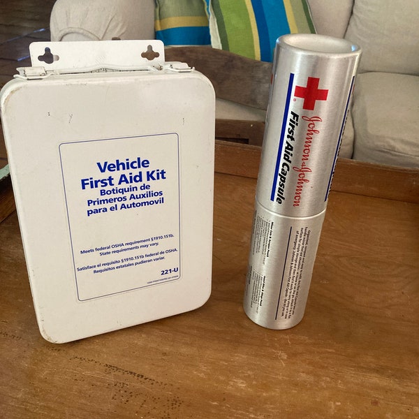 2 Vintage metal First Aid Kits Box, Apothecary Storage Box, Vintage Metal Medical Box, Vehicle First Aid Kit Box, Johnson First Aid Capsule