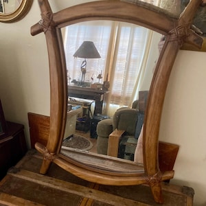 Rustic Wood Framed Mirror – 30” x 23.5” Curved Log Frame with Tribal Wrap Detail – Set of 2 Available