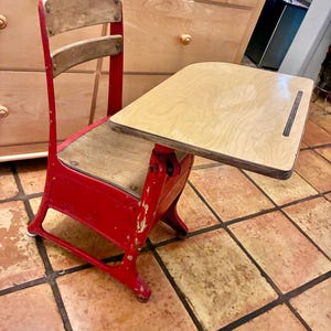 Vintage Mid-Century Red Metal Child’s School Desk with Wood Seat & Top