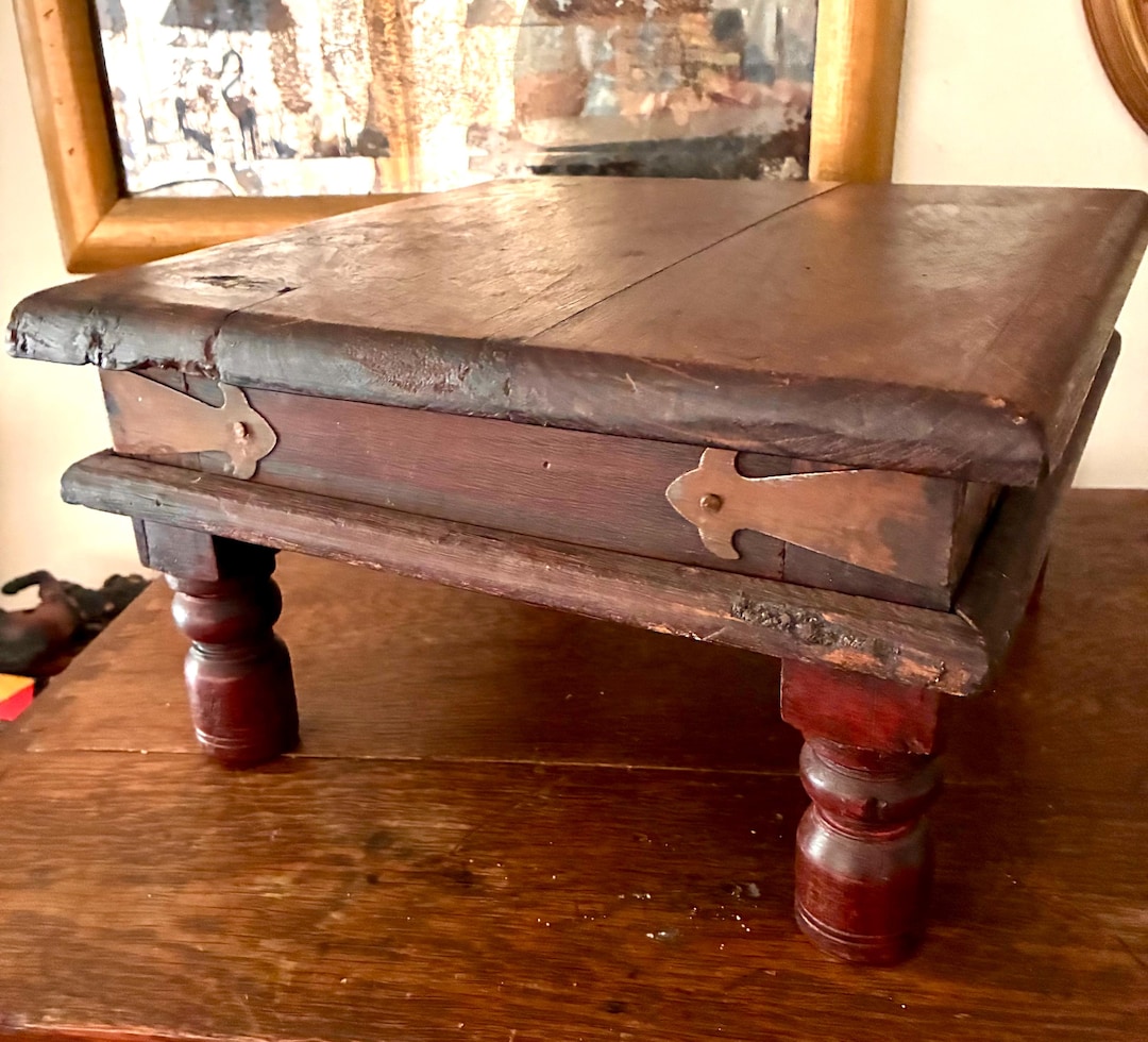 Antique Indian Bajot Stool Table | Hand Carved Wooden Prayer Platform ...