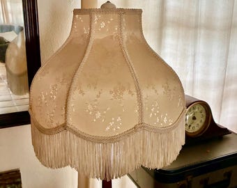 Vintage Victorian Fringe Lamp Shade, Cream Floral Damask Brocade Lampshade, Scalloped Bell Shade, Replacement, 10.5” Tall x 17” Diameter