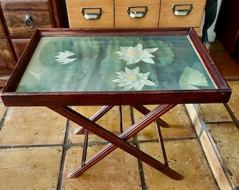 Vintage Mid-Century Folding Tray Table with Glass Top | Water Lily Plant Stand | Folding Coffee Table | Botanical Accent Table | Butler Tray