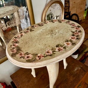 Vintage Hand Painted Floral Tripod Accent Table | Signed 1991 | Shabby Chic French Provincial Side Table