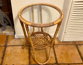 Vintage Glass Top Rattan Swirl Side Table, MidCentury Tropical Side Table, Bentwood and Rattan Plant Stand