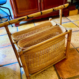 Vintage Bamboo Rattan Magazine Rack, MidCentury Bamboo Rattan Magazine Rack