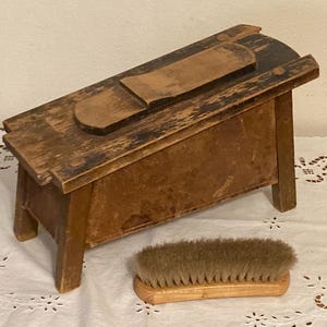Primitive Vintage Wooden Shoe Shine Box Stand with sliding door and horsehair brush, Antique Shoeshine Box, Vintage Wood Tool Box