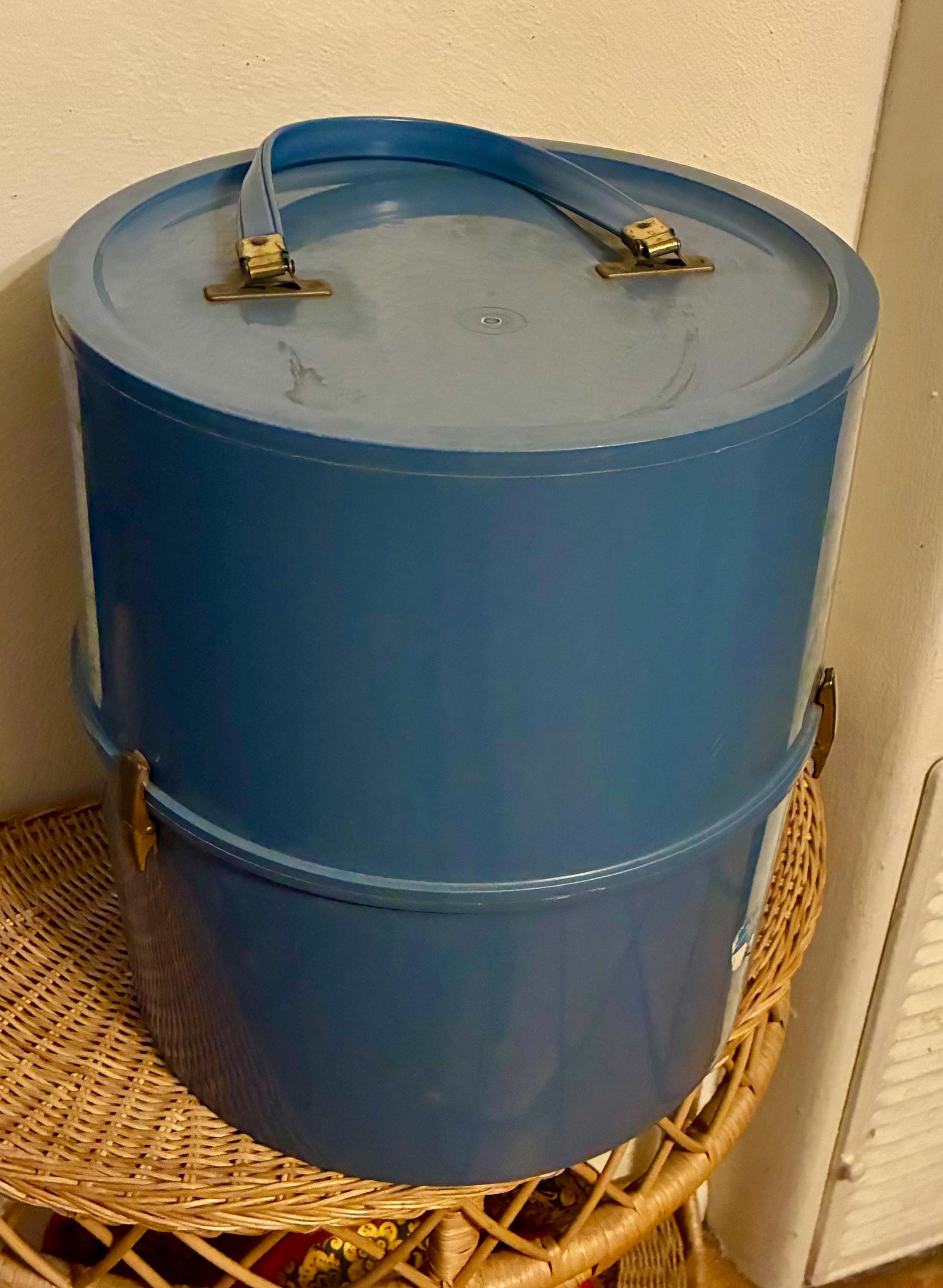 Vintage Blue Wig Box, 1960s Hat Carrier, Retro Travel Case 