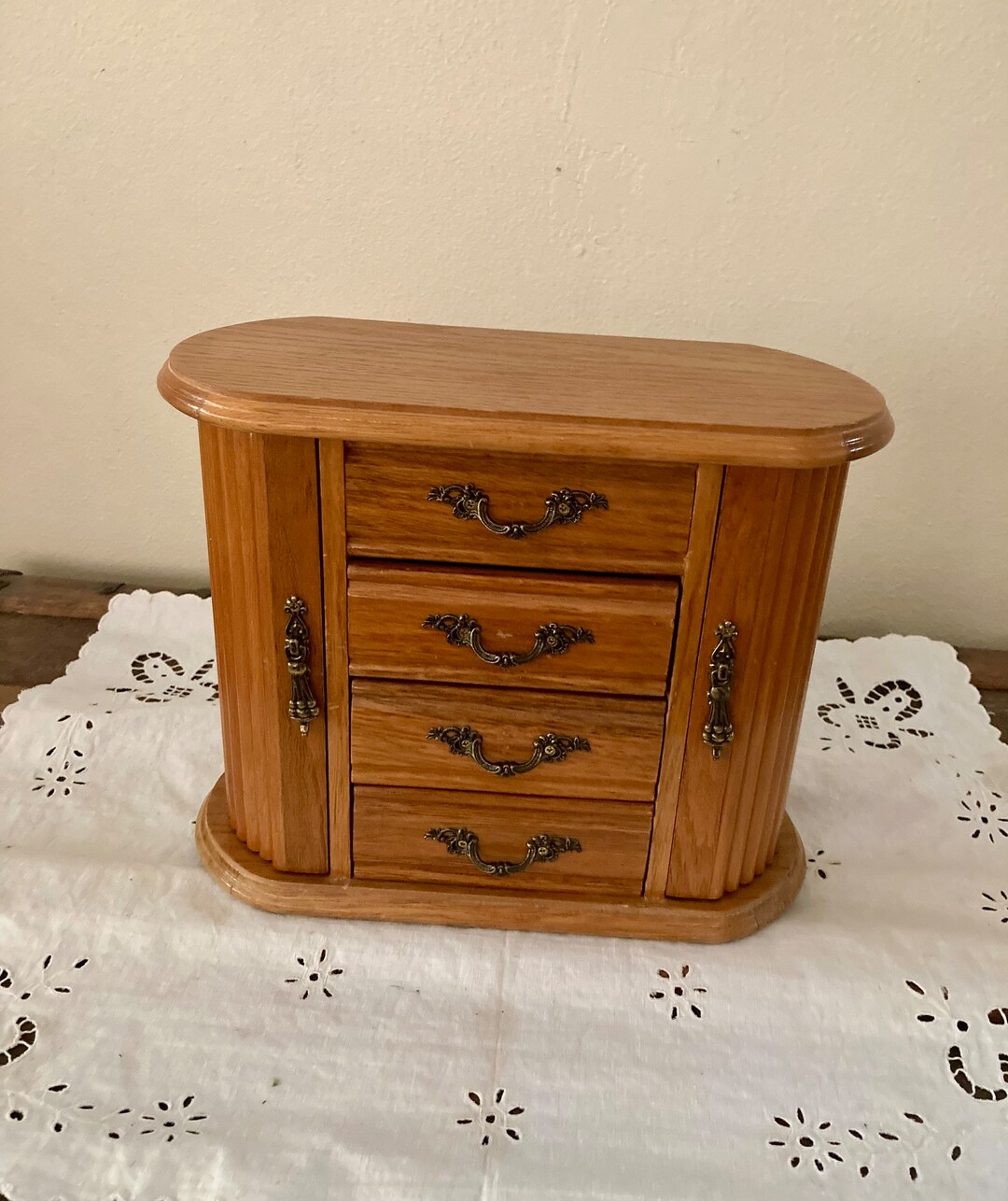 Vintage Wood Jewelry Armoire With Swinging Side Doors, Vintage Valet
