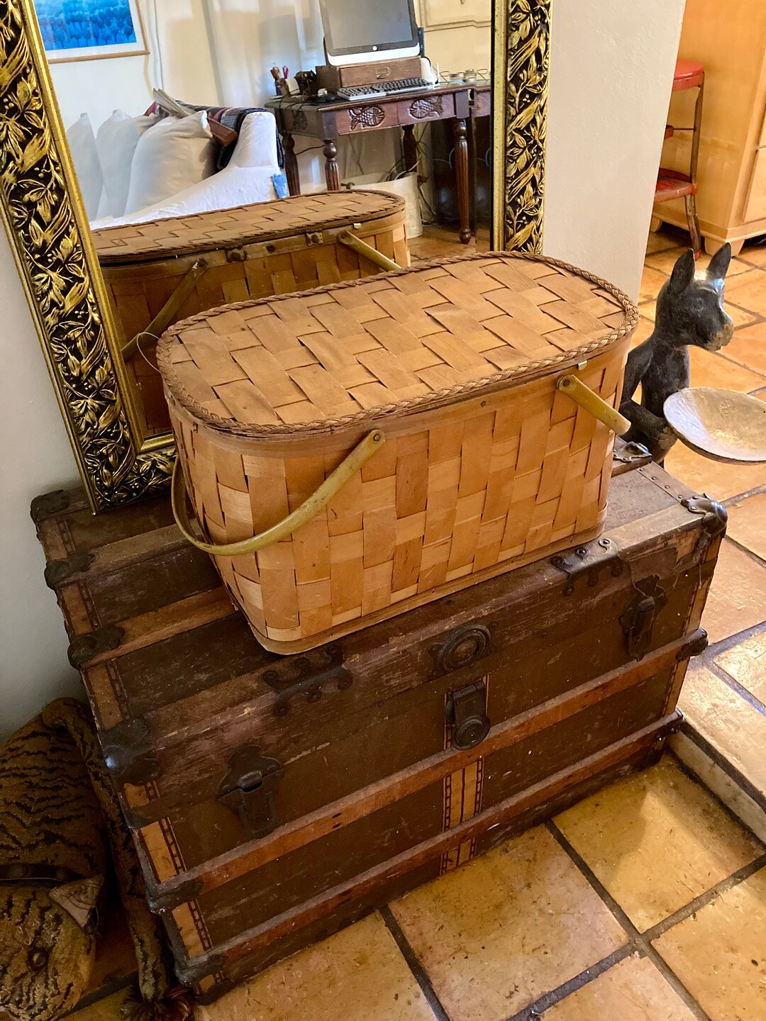 Vintage Hawkeye Picnic Basket, Large Woven Wood Picnic Basket With