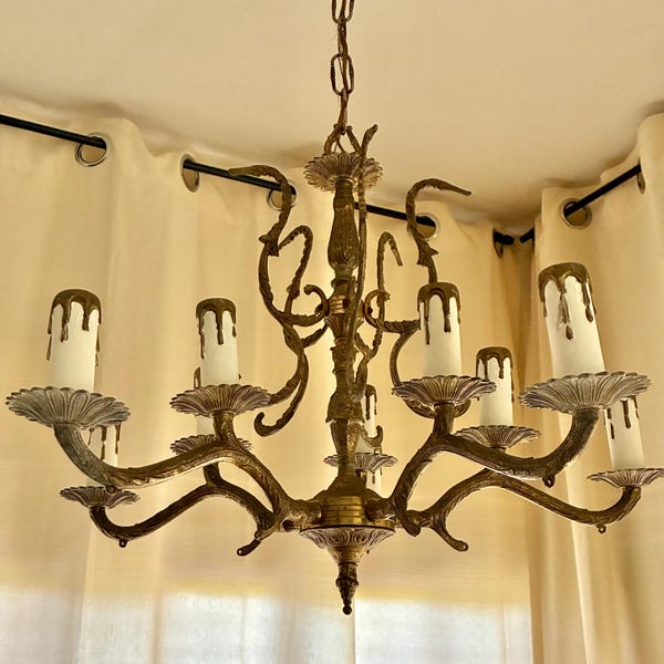 Vintage 5-Arm Brass Chandelier | Antique Candle Style Light Fixture | Elegant French Country Lighting