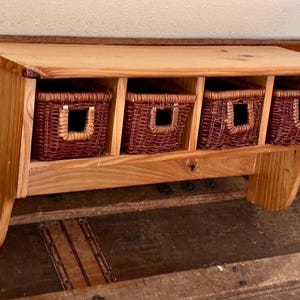 Vintage Wooden Shelf with Wicker Baskets – Rustic Country Storage Organizer