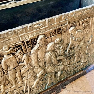 Vintage Wood Magazine Rack, MidCentury magazine rack, Vintage Magazine Rack with Brass toned Relief of Men Gathering, Made In England