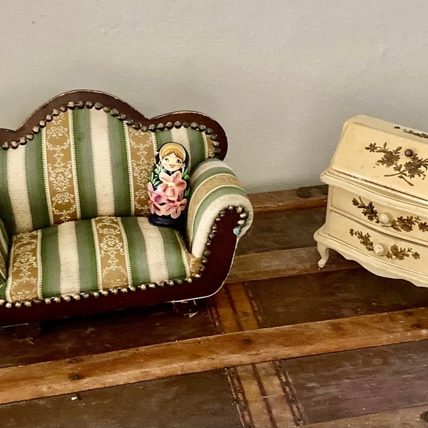 Vtg Dollhouse Furniture,Victorian Upholstered Doll Sofa,Vintage Doll Desk Armoire, Vintage Jewelry Box, Teddy Bear Sofa, Doll Secretary Desk