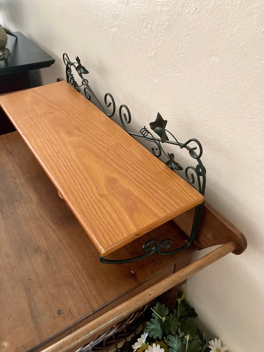 Vintage Kitchen Shelf, Wood and Iron Spice Rack, Apothecary Storage