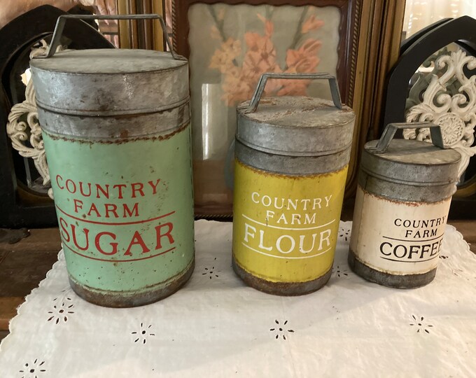 Vintage Tin Canister Set, Farmhouse Style Kitchen Canister Set