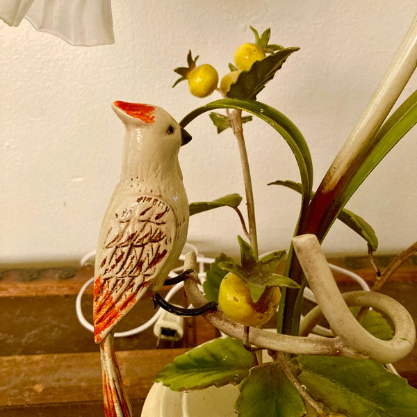 Vintage Italian Tole Metal Cockateel Lily Lamp, MidCentury Metal Tole Lamp With Bird and Glass Lilly Shade