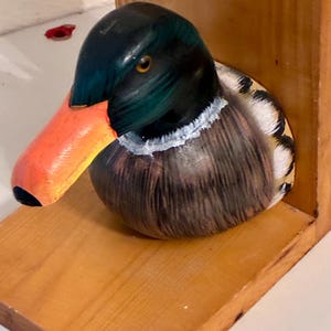 Hand Carved Wooden Duck Bookends – Painted, Glass Eyes, Rustic Decor