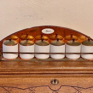 Vintage MCM Spice Rack Set – Portugal – Benjamin Medwin – 7 Jars – 16” Copper & Ceramic