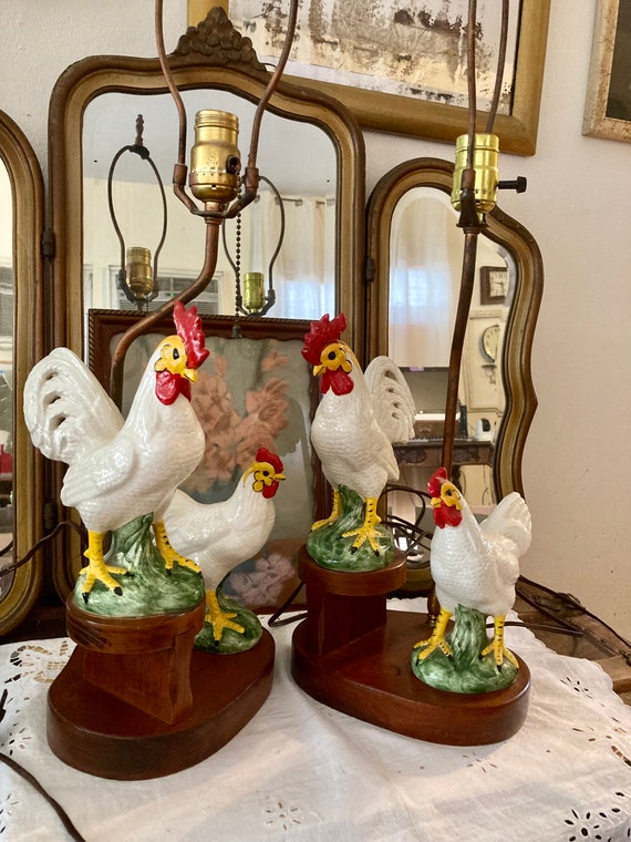 Pair of Rooster Hen French Country Table Lamps Country Farmhouse
