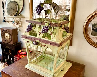 Vintage Style Birdcage with Grape Vine Motif, Green & Purple Decorative Bird Cage, Victorian Rustic Home Decor, Plant Holder, Candle Display