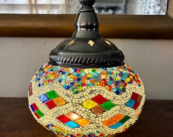 Turkish Mosaic Glass Lamp Globe with Finial | Handcrafted Moroccan Stained Glass Replacement Shade | Boho Ottoman Lamp Globe | 5 Designs