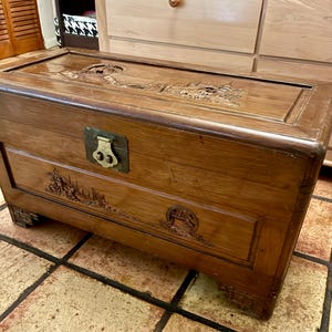 Vintage Chinese Hand-Carved Teak Dowry Chest – Camphor Lined Trunk or Coffee Table