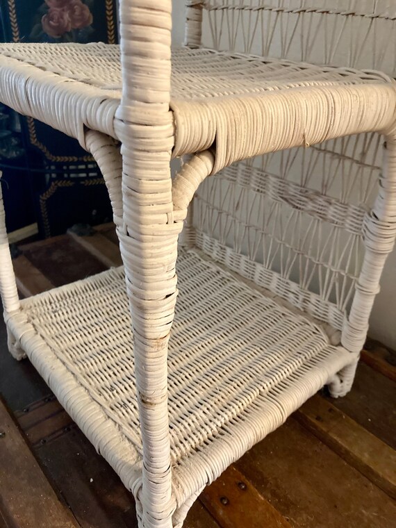 White wicker 3 shelf boho shabby chic Vintage Shabby Chic Wicker Plant stand 29 inch white wicker 3 shelf etagere Etsy