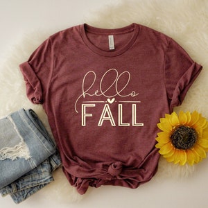 hello Fall - Women's tee - Fall season t-shirt - Autumn soft tee - heather maroon - short sleeve tee