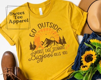 Bigfoot t-shirt - Unisex shirt - Outdoorsy - hiking - camping -  soft tee - mustard - vintage style