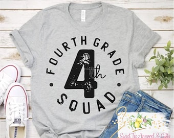 May include: Gray t-shirt with a black circle graphic that says "Fourth Grade 4th Squad".