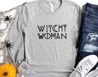 Witchy Woman t-shirt - Long sleeve shirt - Halloween shirt - Women's top- Fall season t-shirt - gray soft tee