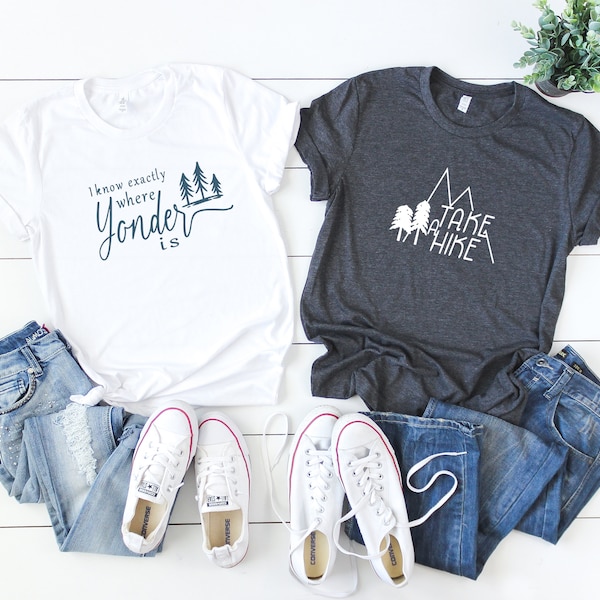 Hiking t-shirt outdoor theme shirt soft tee navy and white take a hike I know exactly where yonder is summer tee county life