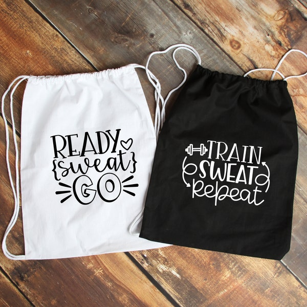Drawstring gym tote bag white and black cinch carrying workout ready sweat go train sweat repeat