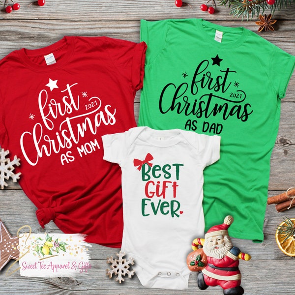 Family Christmas 2022 as Mom and Dad shirts  - Matching holiday shirts - Baby best gift ever - Family shirt set - Mom - Dad - family tee