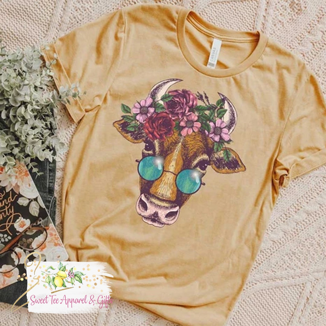 Floral Bull T-shirt Hippie Cow Boho Cow With Glasses - Etsy