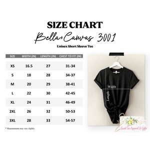 May include: Size chart for a unisex short sleeve tee, showing measurements in inches for XS, S, M, L, XL, 2XL, and 3XL sizes. The chart shows width, length, and chest to fit measurements.
