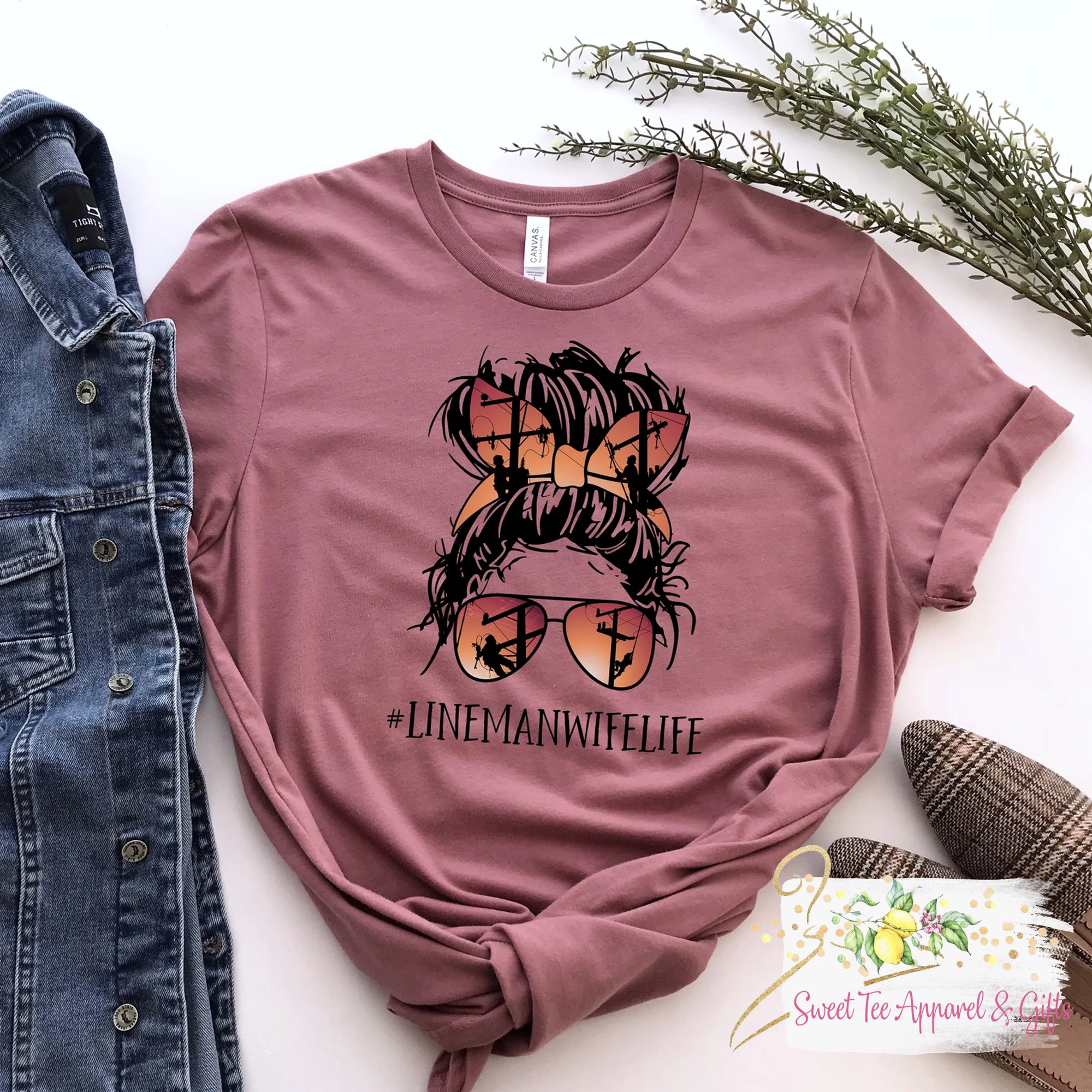 Lineman wife life t-shirt - #lineman wife life shirt - women's shirt - essential worker - messy bun - wife shirt