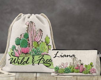 Cactus Drawstring bag - Personalized - bohemian style - tote bag - Linen burlap feel - backpack - purse - Cactus tote bag - Wild & Free