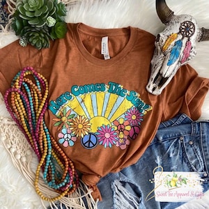 Here comes the sun t-shirt  - Spring hippie t-shirt - peace out shirt - Hippie Flowers - Gift for her t-shirt - Woman's apparel